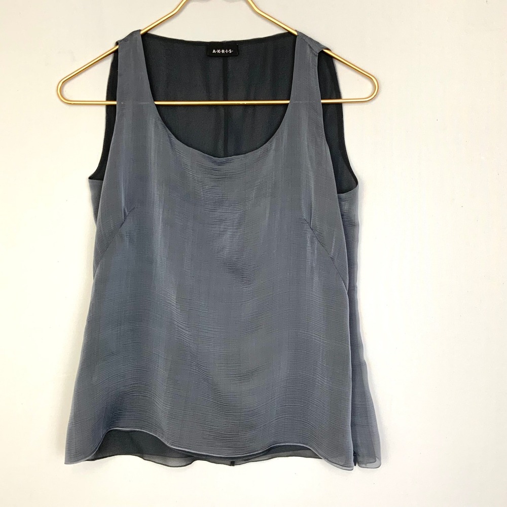 AKRIS Sz 6 Charcoal Gray Textured Silk Layered Tank Top Shell Top Quiet Luxury